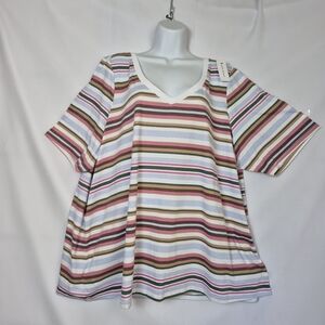 Lane Bryant V-Neck Short Sleeve Top in White, Pink, Brown & Green Stripes